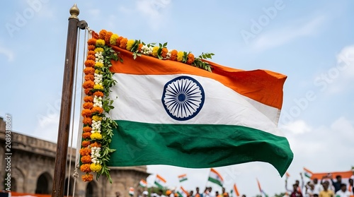 Waving Indian flag with floral garland, Republic Day celebration