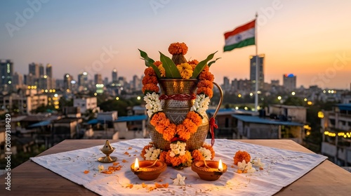 Indian flag waving behind floral pot on rooftop at sunset