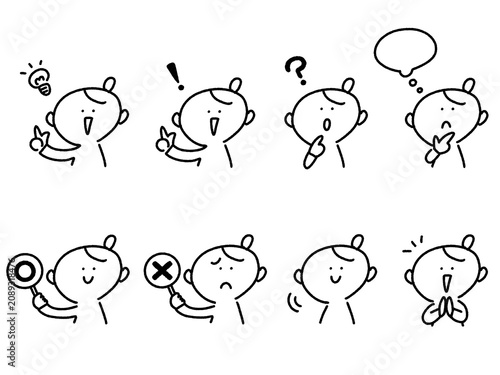 手描き線画のかわいい女性のビジネス案内セット（ひらめく・OK・NG・考える・喜ぶ・頷く）