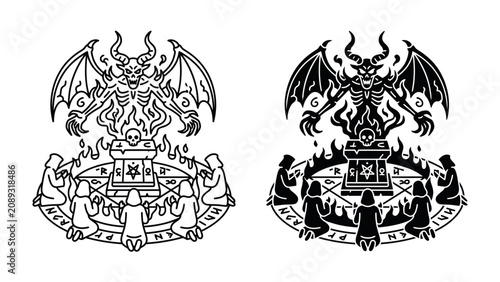 Canvastavla Dark Ritual Scene: Two depictions of a sinister ritual with a demonic figure, a central altar, and robed figures encircling a pentagram, representing dark magic and occult ceremonies