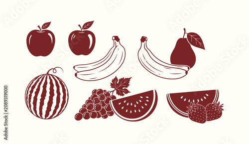 Fotografie Collection of Fruit Vector Icons including Apples Bananas Watermelon Grapes Pear