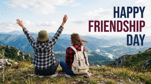 Two female friends sitting on a mountain top cliff with arms raised celebrating freedom