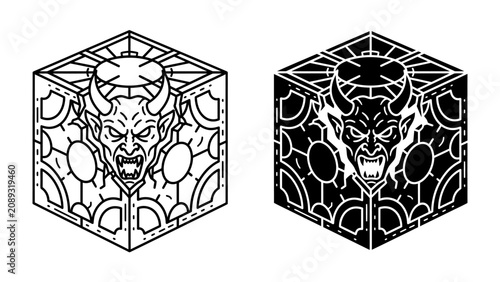 Canvas Print Mysterious Demon Cube: A cryptic cube featuring a demonic face in both black and white line art, hinting at a dark and mysterious artifact, evoking fear and intrigue
