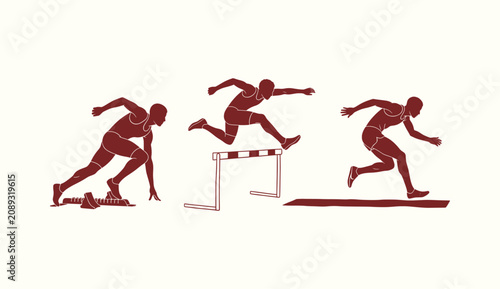 Schilderij op canvas Athletics Competition Illustration with Sprinter Hurdler and Runner Silhouettes