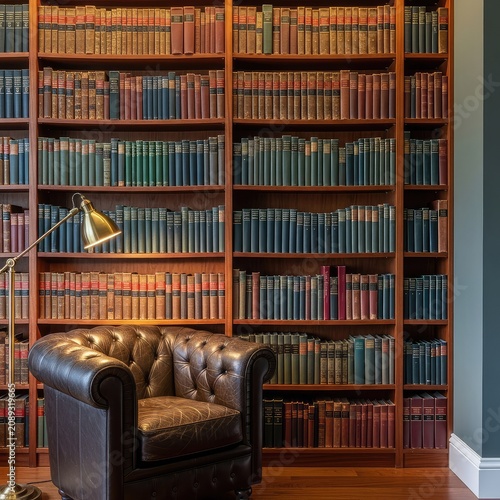 A sophisticated home library room with tall mahogany bookshelves filled with vintage books, a leather armchair, and warm ambient lighting, furniture, leather, organized