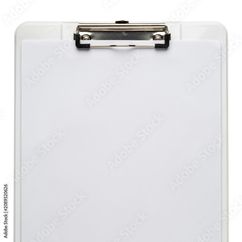 A white plastic clipboard with a silver metal clip mechanism at the holding a blank sheet of paper, isolated on a white background