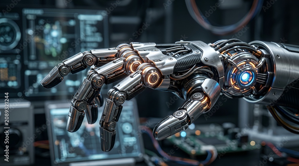 Fototapeta premium Advanced robotic arm with glowing circuits and complex machinery background