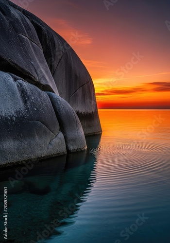 Serene natural scenery where solid rock meets calm water under a breezy sky, illuminated by the vibrant orange light of a sinking sun, earth, balance, air