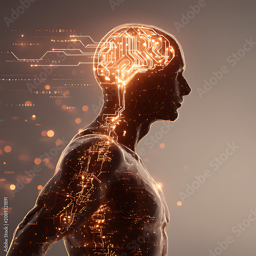 Human head silhouette with integrated circuit pattern digital illustration