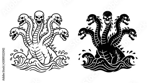 Fotografía Hydra Monster in Waves: A terrifying, multi-headed monster, with skull-like faces and serpent necks, emerges from dark, choppy waves, embodying mythical horror and ancient legend