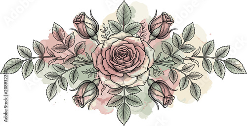 Cuadro en lienzo Vintage Pink Rose Bouquet Floral Arrangement with Blooming Flower Head Buds Gree