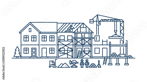 Urban Development, House Construction, Building Renovation, Crane, Workers, Blue Line Art
