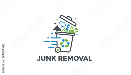 Professional junk removal and recycling service logo showing a trash bin filled with discarded household waste items.