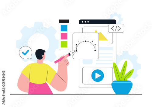 UI UX Design Vector Illustration Featuring User Interface, User Experience, Wireframe Prototyping, Mobile App Development, and Creative Design System