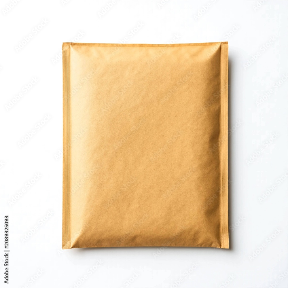 Fototapeta premium Top view of a plain kraft bubble mailer envelope on a clean white background