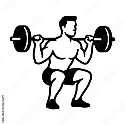 Fitness, gym, weightlifting, squat, exercise icon, vector illustration, black and white isolated on White Background