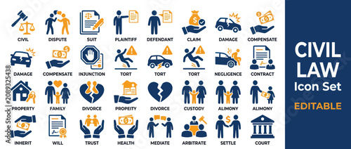 Cuadro en lienzo Civil Law Icon Set: Justice, Dispute Resolution, Family, Property & Business Ico