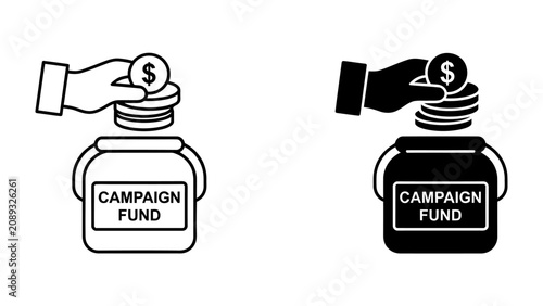 Campaign Fund Collection: A visual representation of collecting funds for a campaign, with a hand depositing coins into a jar labeled Campaign Fund, symbolizing contribution and support.