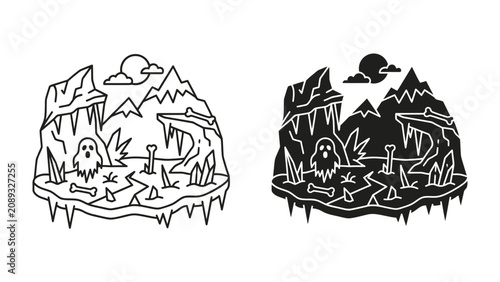 Foto Spooky Ice Cave: A whimsical illustration depicts a ghostly figure and bones scattered within a frozen cave, complete with icicles and mountains under a crescent moon