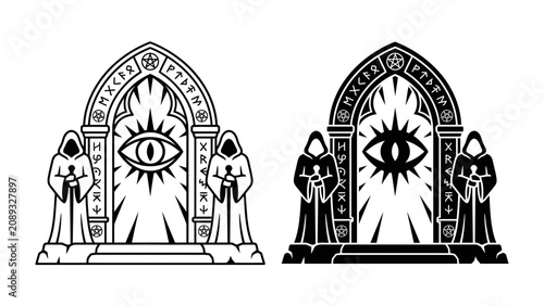 Slika na platnu Mystic Portal to the Unknown: Two ancient stone archways adorned with enigmatic runes flank a radiant, all-seeing eye, with robed figures standing guard, hinting at mystery and hidden knowledge