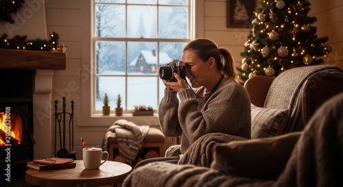 Woman Capturing Winter Scene from Cozy Christmas Living Room.