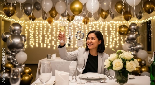 Woman celebrating with champagne at a decorated event.