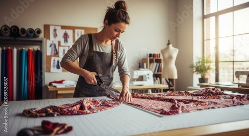 Woman Cutting Fabric in Sewing Room with Mannequin.