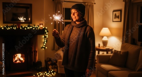 Woman celebrating with sparkler in cozy living room at night.