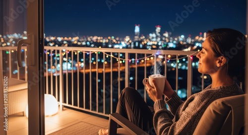 Woman enjoying a peaceful evening on her balcony with city view.