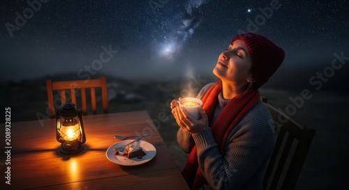 Woman enjoying a peaceful night under the stars with warm drink.