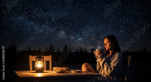 Woman enjoying a peaceful night under the stars with coffee.