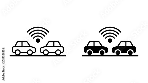 Obraz na płótnie Connected Cars: A minimalist depiction of two cars wirelessly communicating, signifying advanced automotive technology and future mobility