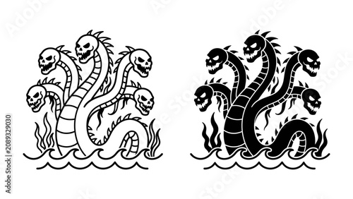Fotografie Hydra Mythological Creature: A fearsome depiction of the Hydra, a multi-headed serpent from Greek mythology, emerging from the water with fiery breath and skull-like faces