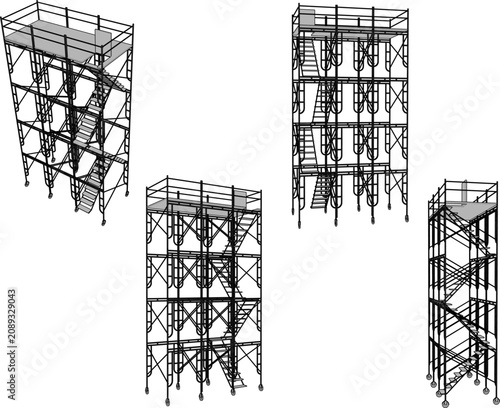 Collection of isolated 3D low poly mobile scaffolding towers featuring rolling wheels and internal stairways for commercial iron construction layout
