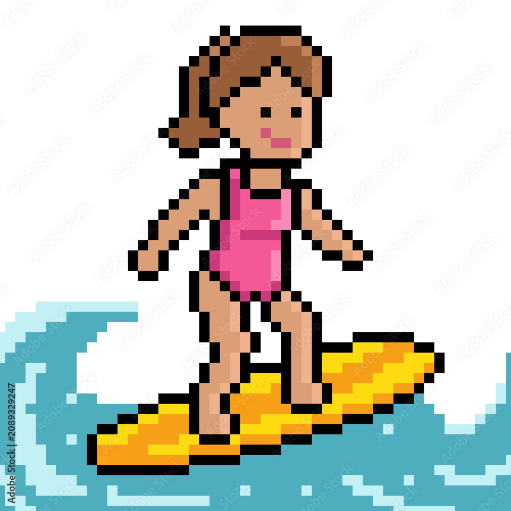 Obraz premium Pixel art illustration of a girl surfing on a wave
