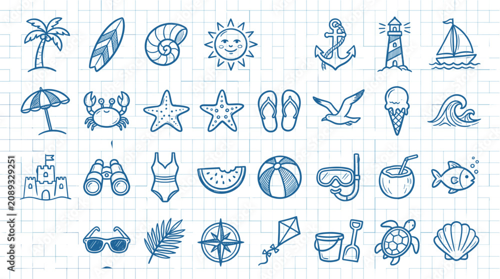 Fototapeta premium Hand drawn summer icons set, blue ink doodle beach elements on grid paper, 28 nautical vacation vector illustrations for travel planning
