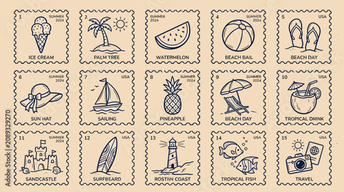 Vintage summer postage stamps collection, 15 line art travel icons on beige background, retro tropical vacation stamp set, nautical holiday vector illustrations