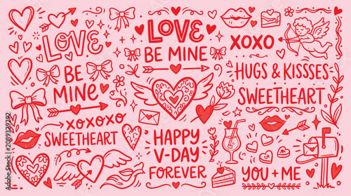 Foto Hand drawn Valentine's Day doodle collection, red romantic love elements on pink