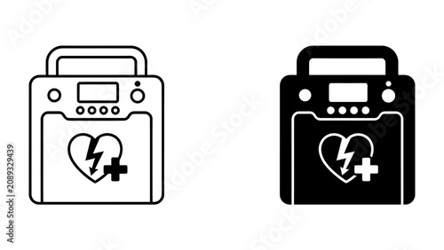 Fotografie AED Device Icons: Two distinct icons represent an Automated External Defibrillator (AED), one in outline and the other in solid black, symbolizing emergency medical care and lifesaving technology