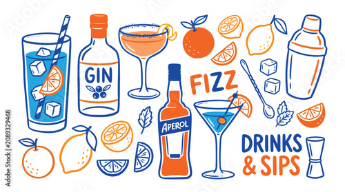 Obraz na płótnie Retro cocktail vector set with gin and aperol bottles, hand drawn summer drinks