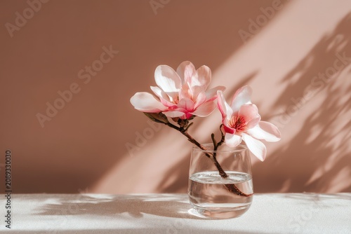 Magnolia blossoms in glass vase on table with shadow play against peach wall still life studio shot