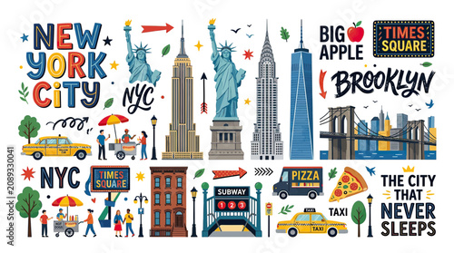 Quadro su tela New York City Collage: Landmarks, Icons, and City Life Illustrations