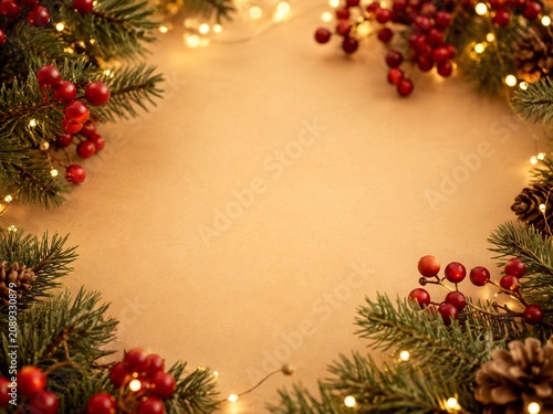 Warm Christmas Evergreen Border With Red Berries Evergreen branches, red berries, pine cones, and glowing lights frame a warm golden background for festive Christmas holiday designs
