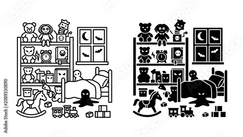 Foto Spooky Childhood Room: A playful yet eerie depiction of a child's bedroom, filled with stuffed animals, toys, and unsettling shadow creatures lurking around a bed and shelf