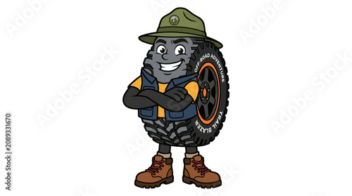 Obraz na płótnie Cartoon tire character dressed as park ranger adventurer mascot.