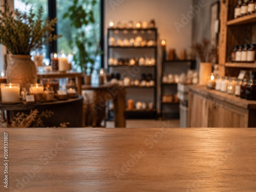 Empty Wooden Counter in Cozy Artisan Shop Empty wooden tabletop in a warmly lit rustic shop interior with shelves, plants, jars, and candles, perfect for product display