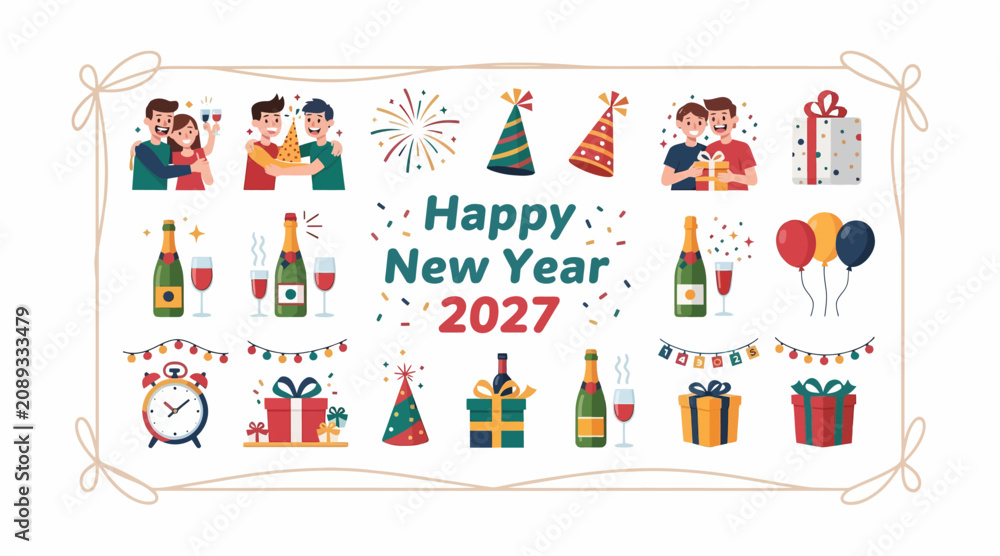 Fototapeta premium Happy New Year 2027 celebration icons
