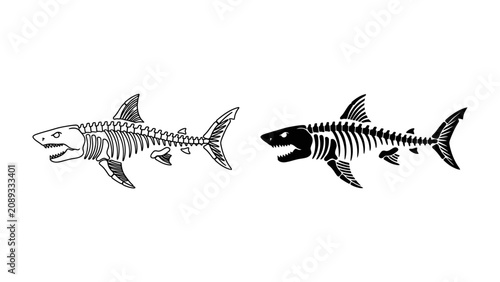 Obraz na plátne Shark Skeletons Illustration: A graphic illustration showcasing two distinct shark skeletons, one rendered in a detailed line art style and the other in a bold, two-tone silhouette