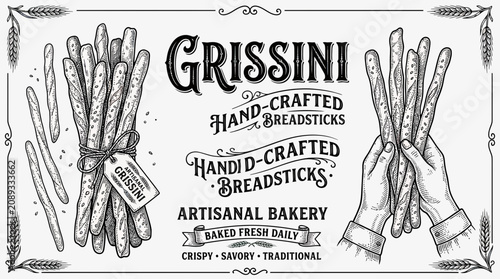 Bild auf Leinwand Hand-drawn Grissini Breadsticks, Artisanal Bakery, Baked Fresh Daily, Crispy Sav
