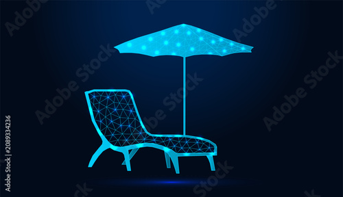Obraz na płótnie Neon low poly wireframe chaise lounge with beach umbrella on dark blue background
